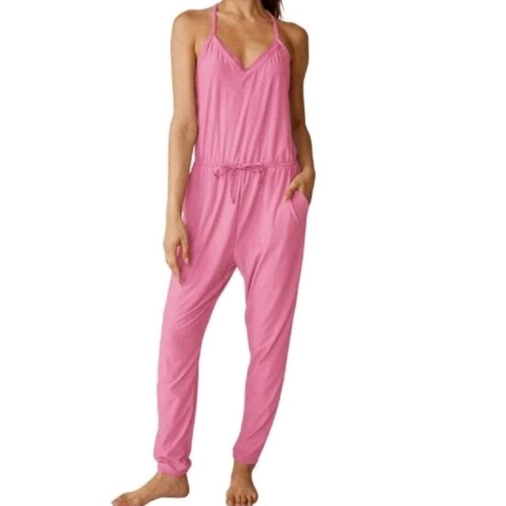 NEW Beyond Yoga Featherweight Dream Lace Racerback Jumpsuit Size L Pink Pockets